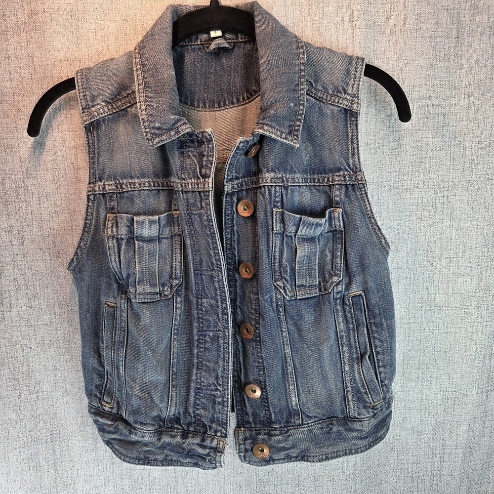 Denim Vest Express Women Small Grunge Punk‎ Y2K Denim Cropped Distressed Rock